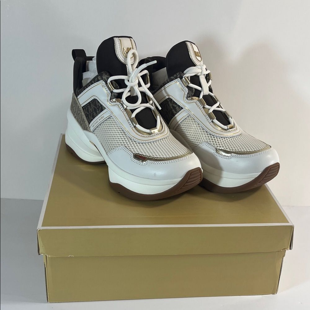 MICHAEL KORS Olympia Mesh Metallic Logo Trainer Pale Gold - Women’s Size 11